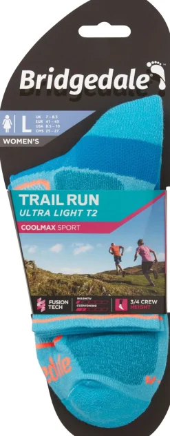 Socks|Socks-Bridgedale Womens Trail Run Ultralight T2 Coolmax Sport 3/4 Crew Socks - Blue