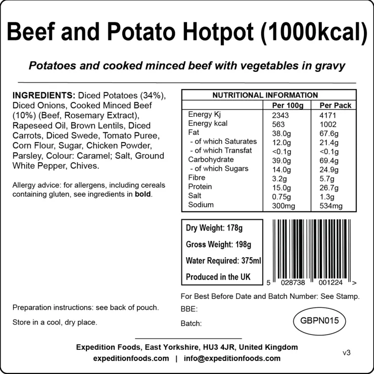 Lunch/ Dinner-Expedition Foods Beef and Potato Hotpot - 1000kcal