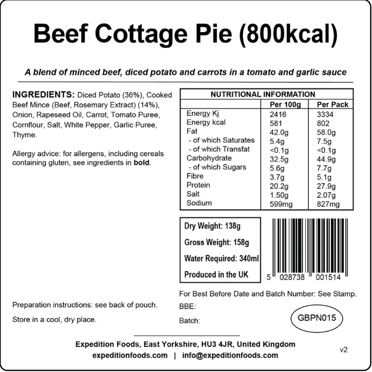 Lunch/ Dinner-Expedition Foods Beef Cottage Pie - 800kcal