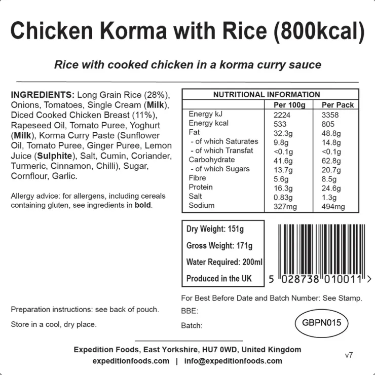 Lunch/ Dinner-Expedition Foods Chicken Korma with Rice - 800kcal