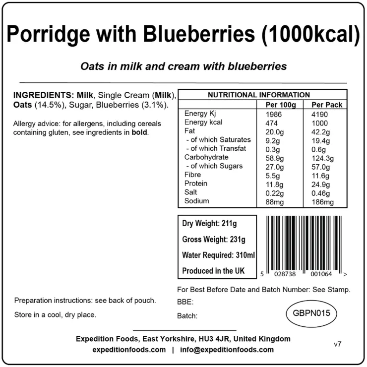 Breakfast-Expedition Foods Porridge with Blueberries - 1000kcal