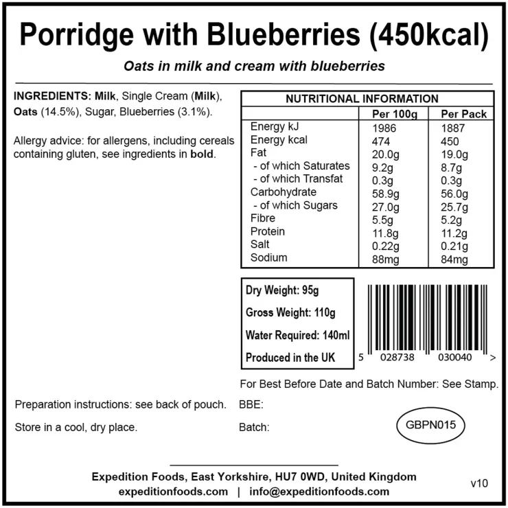 Breakfast-Expedition Foods Porridge with Blueberries - 450kcal