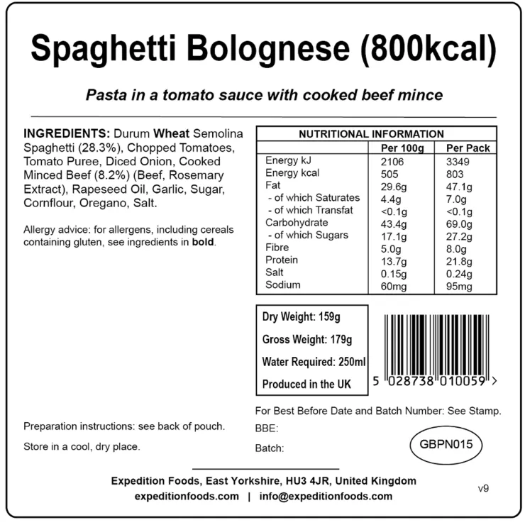 Lunch/ Dinner-Expedition Foods Spaghetti Bolognese - 800kcal