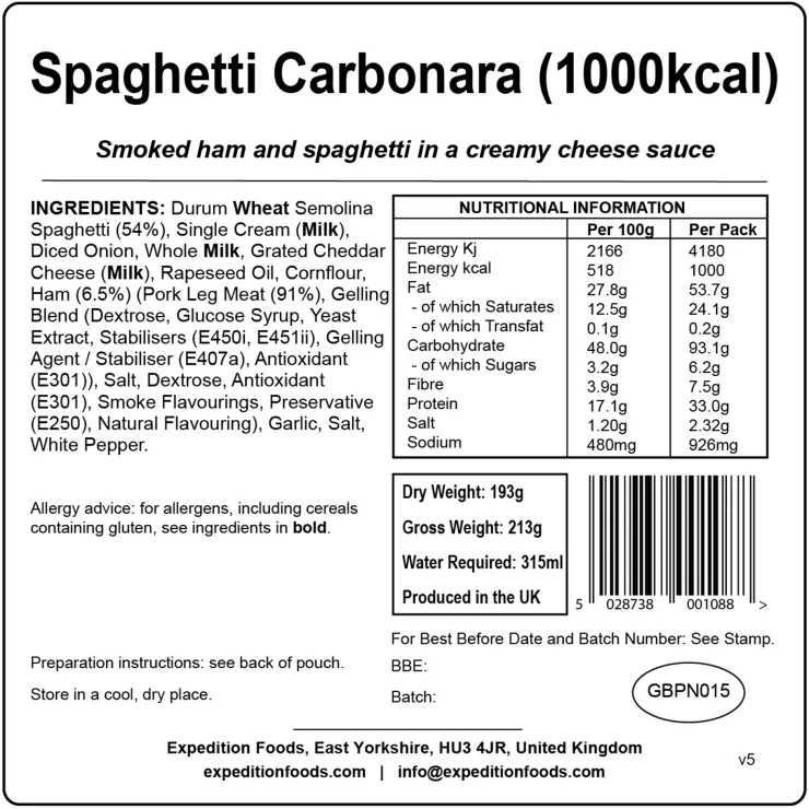Lunch/ Dinner-Expedition Foods Spaghetti Carbonara - 1000kcal