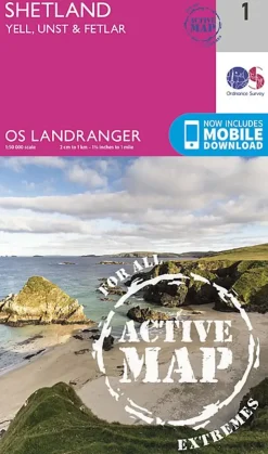Maps And Books-Ordnance Survey OS Landranger Active map 1 - Shetland - Yell Unst and Fetlar