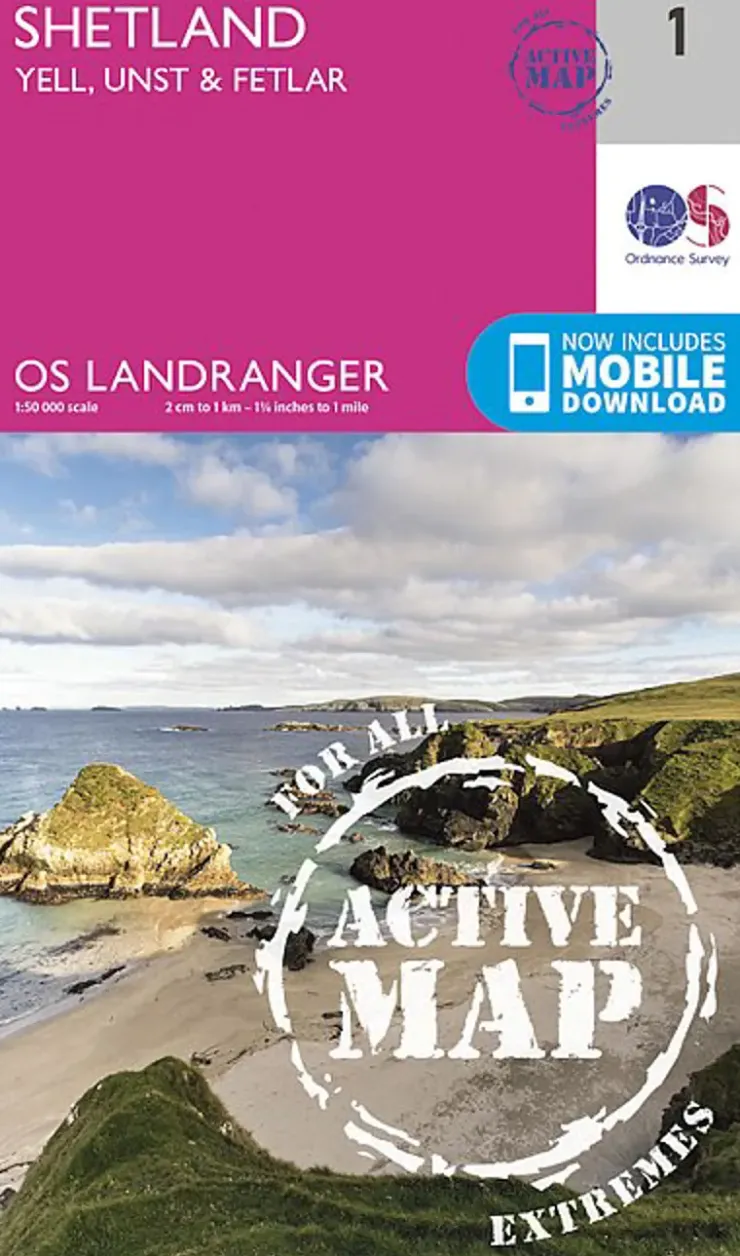 Maps And Books-Ordnance Survey OS Landranger Active map 1 - Shetland - Yell Unst and Fetlar